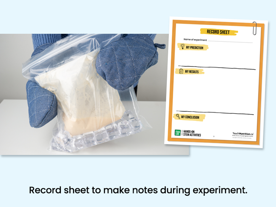 Ingredients in a bag to make ice cream  - Record sheet to take notes during experiment - Food lab program - STEM