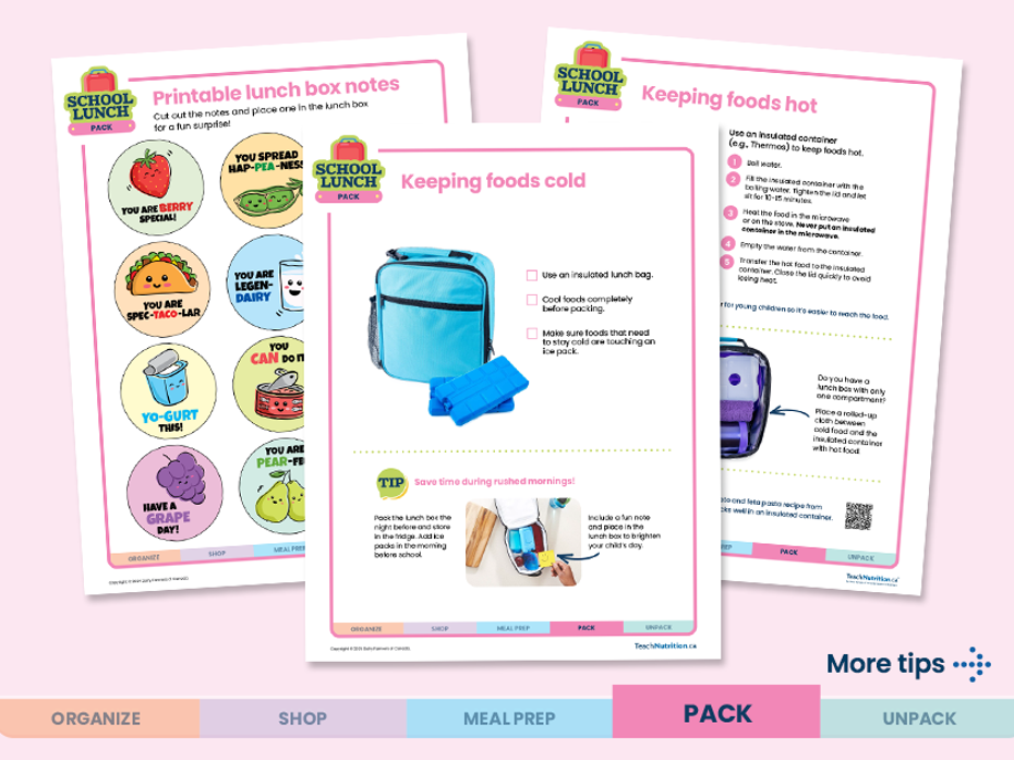  School lunch printable lunch box notes, how to keep foods hot with an insulated container and how to keep foods cold