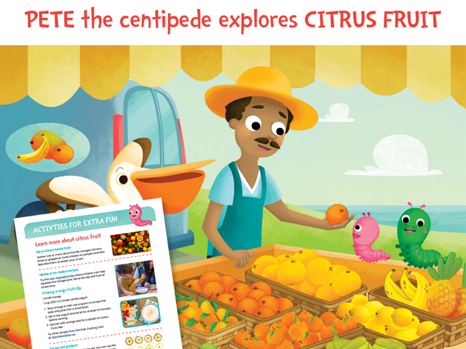 Pete the centipede explores citrus fruit- illustration of a man selling citrus fruit at a fruit stand.