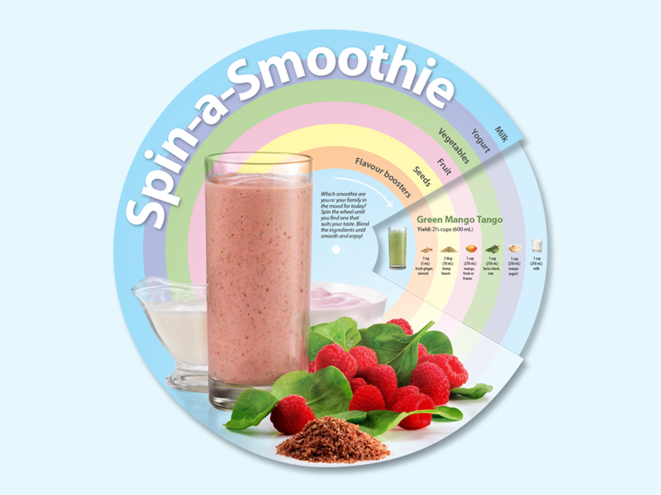 smoothie in a glass with 5 recipes. Text on image: Laits frappés: Tournez, mélangez, savourez