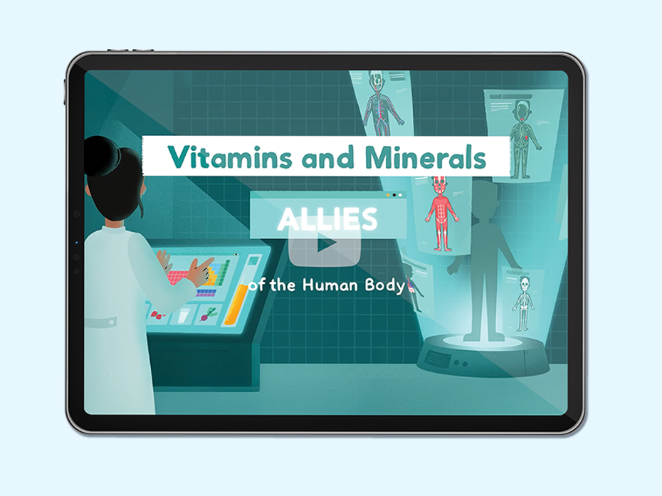 tablet with illustrations of the different systems in the body. Text on image: vitamins and minerals- allies of the human body. 