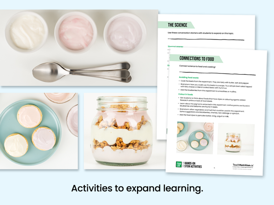 Yogurt dip, cookies and yogurt parfaits using food dyes - activities to expand learning - Food lab program - STEM