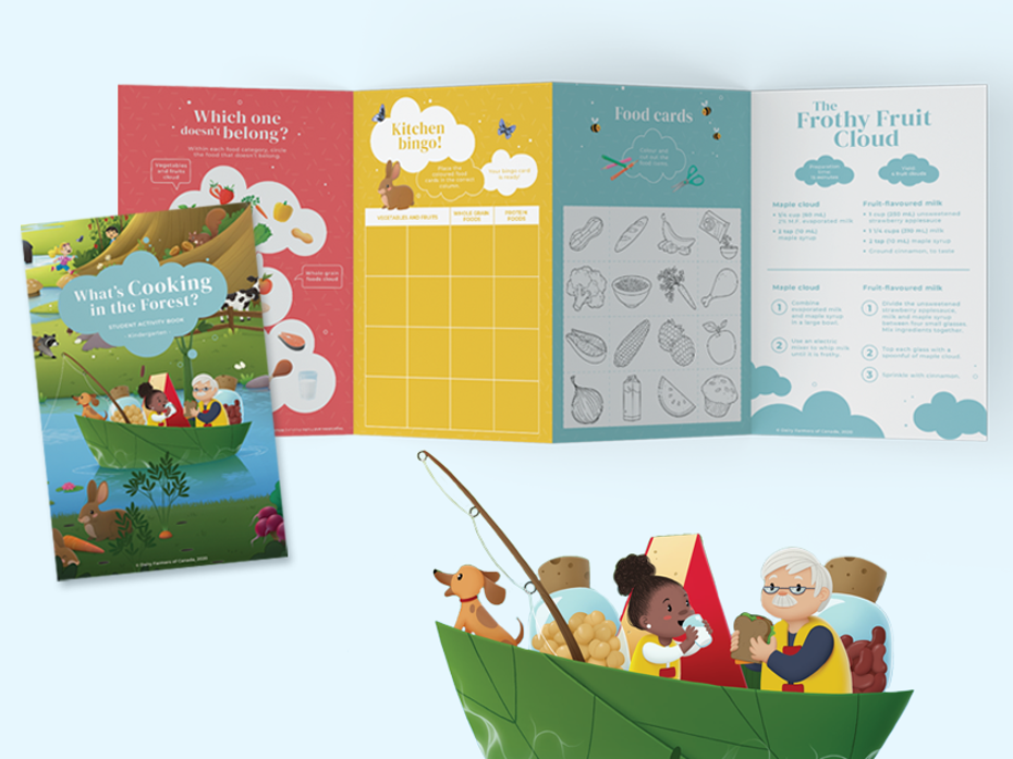 booklet What's Cooking in the Forest- illustrations of a grandpa and his grandaughter in a boat on pond